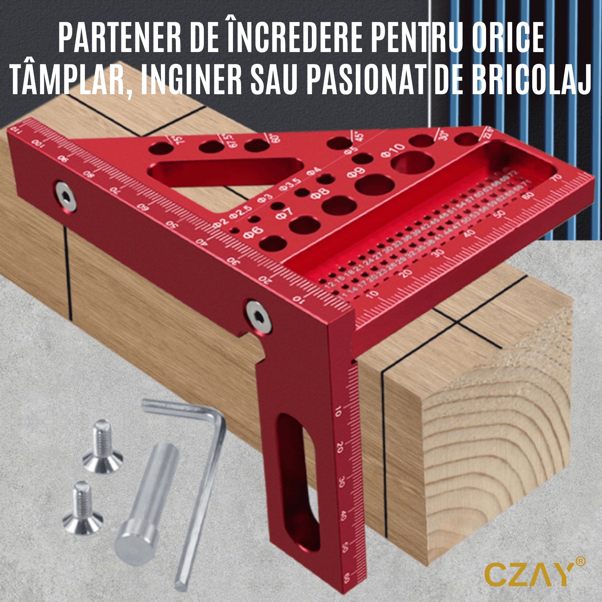 Vinclu 45º/90º CZAY®, Echer 3D, Unghiuri intre 22,5º si 90º, Precizie Ridicata, Rezistent la Rugina, 112*85*79 mm