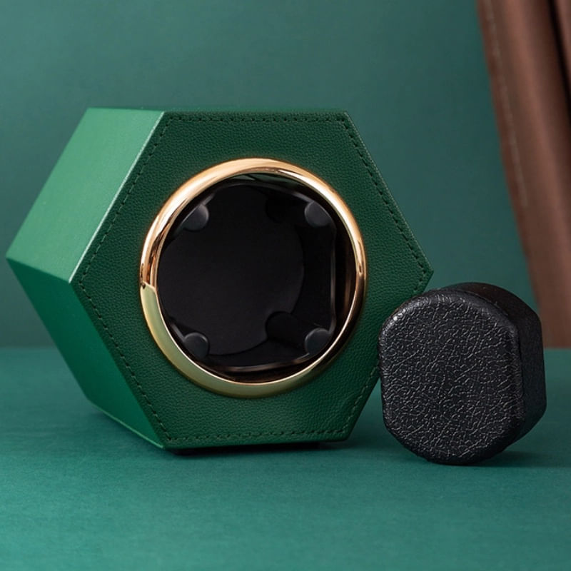 Cutie intors ceas automat iUni, Watch Winder, Piele ecologica, Verde