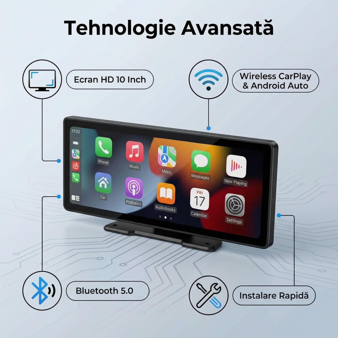 Player auto portabil cu Apple CarPlay si Android Auto - Ecran 10 inch HD