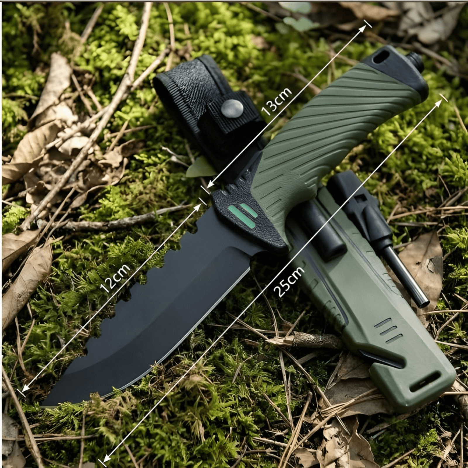 Cutit outdoor 25 cm cu husa, lama fixa inox, aprinzator foc, spargator geam si taietor franghie - imagine 4