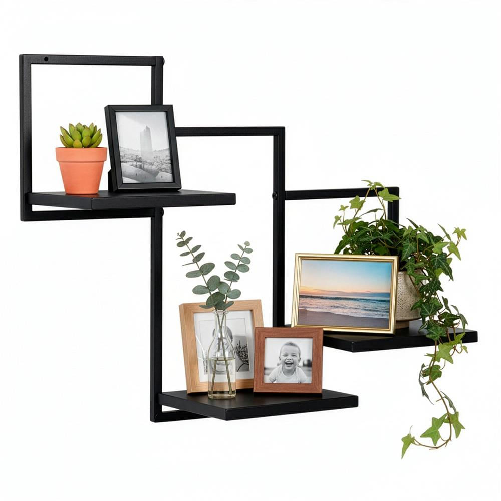 Raft de perete cu 3 polite din MDF si cadru metalic, 58x21x50 cm, negru — imaginea 3