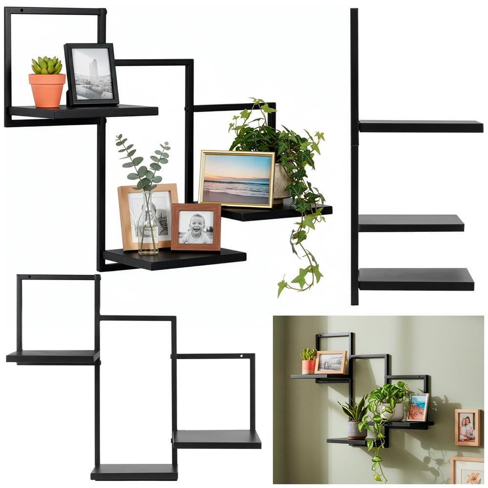 Raft de perete cu 3 polite din MDF si cadru metalic, 58x21x50 cm, negru — imaginea 11