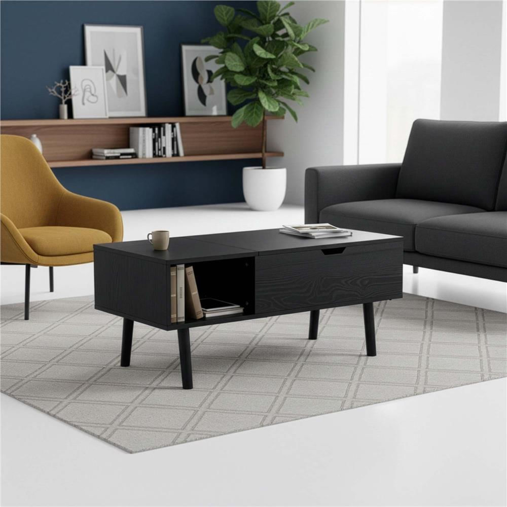 Masuta de cafea cu blat rabatabil si spatiu de depozitare, cadru metalic si PAL, 100x50x43 cm, negru — imaginea 3