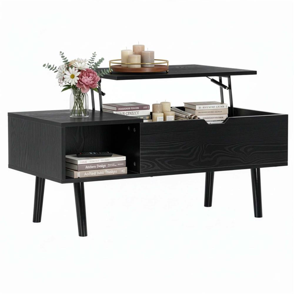 Masuta de cafea cu blat rabatabil si spatiu de depozitare, cadru metalic si PAL, 100x50x43 cm, negru — imaginea 8