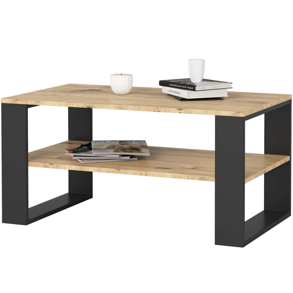 Masuta cafea ALEX cu raft inferior, PAL laminat, 92x53x45 cm, stejar artisan si negru — imaginea 3