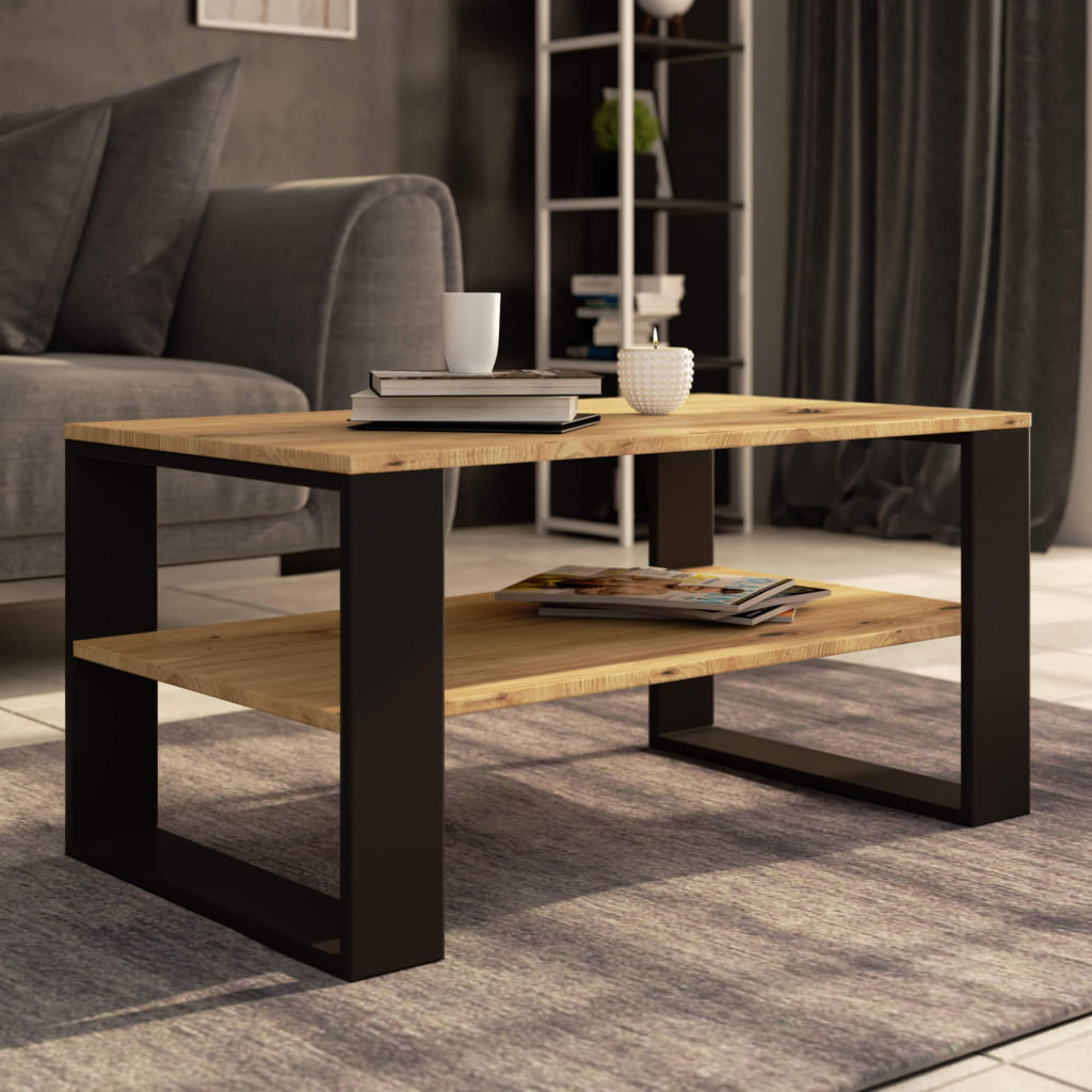 Masuta cafea ALEX cu raft inferior, PAL laminat, 92x53x45 cm, stejar artisan si negru — imaginea 5
