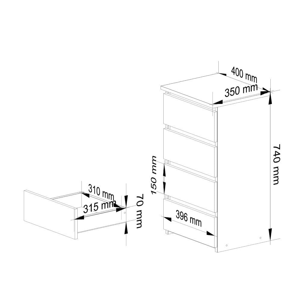 Comoda cu 4 sertare, PAL laminat 16mm, 40x35x74 cm, stejar sonoma