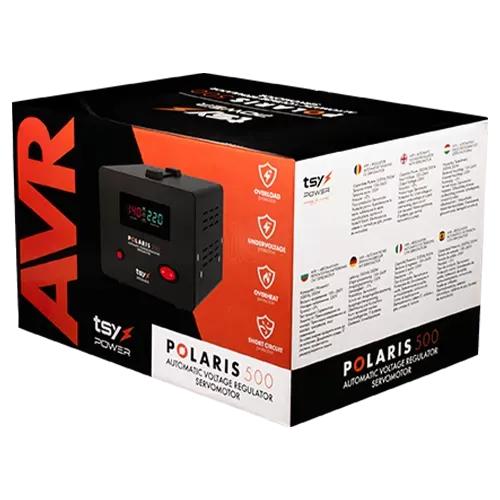 Regulator de tensiune cu servomotor, 500VA, tensiune la intrare 150-260V, delay 6-180s AVR-POLARIS-500VA