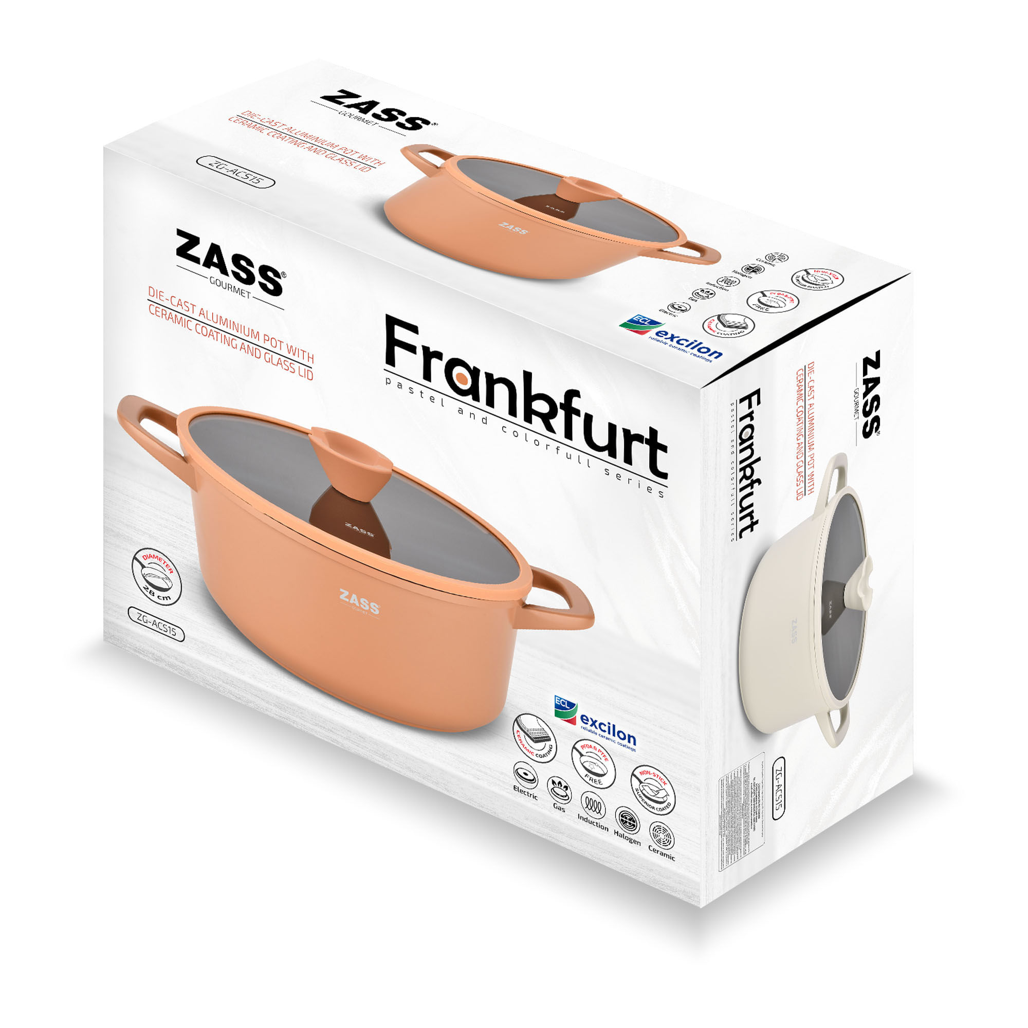 Oala din aluminiu turnat sub presiune si acoperire ceramica cu capac din sticla – 28 cm - ZG-ACS 15 CREM — imaginea 2