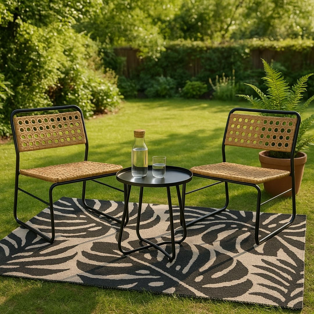 Set mobilier gradina 2 scaune si masa rotunda, structura metalica, impletitura ratan sintetic, culoare natur-negru — imaginea 3