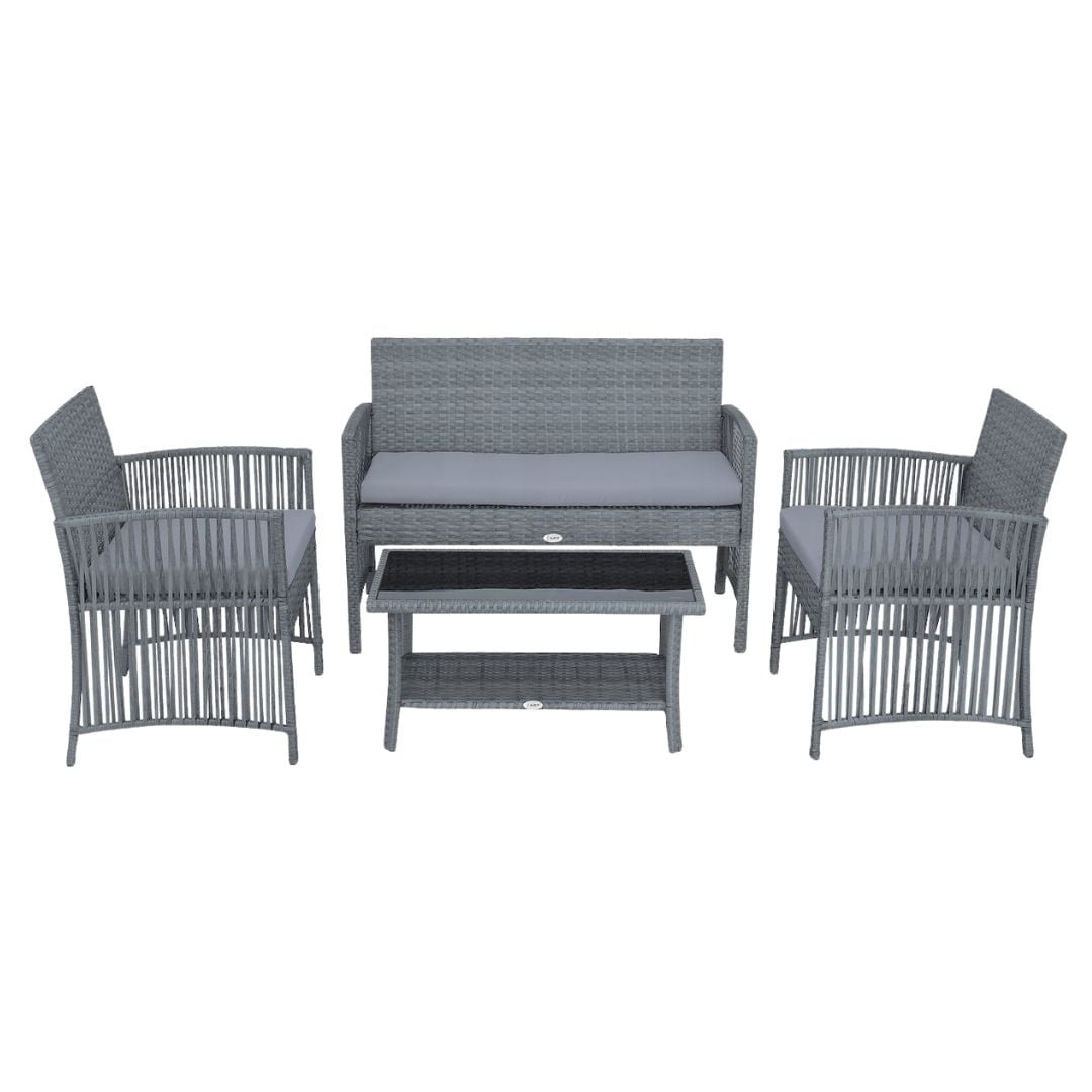 Set mobilier de gradina gri, Jumi, cu 2 fotolii, canapea si masuta de cafea