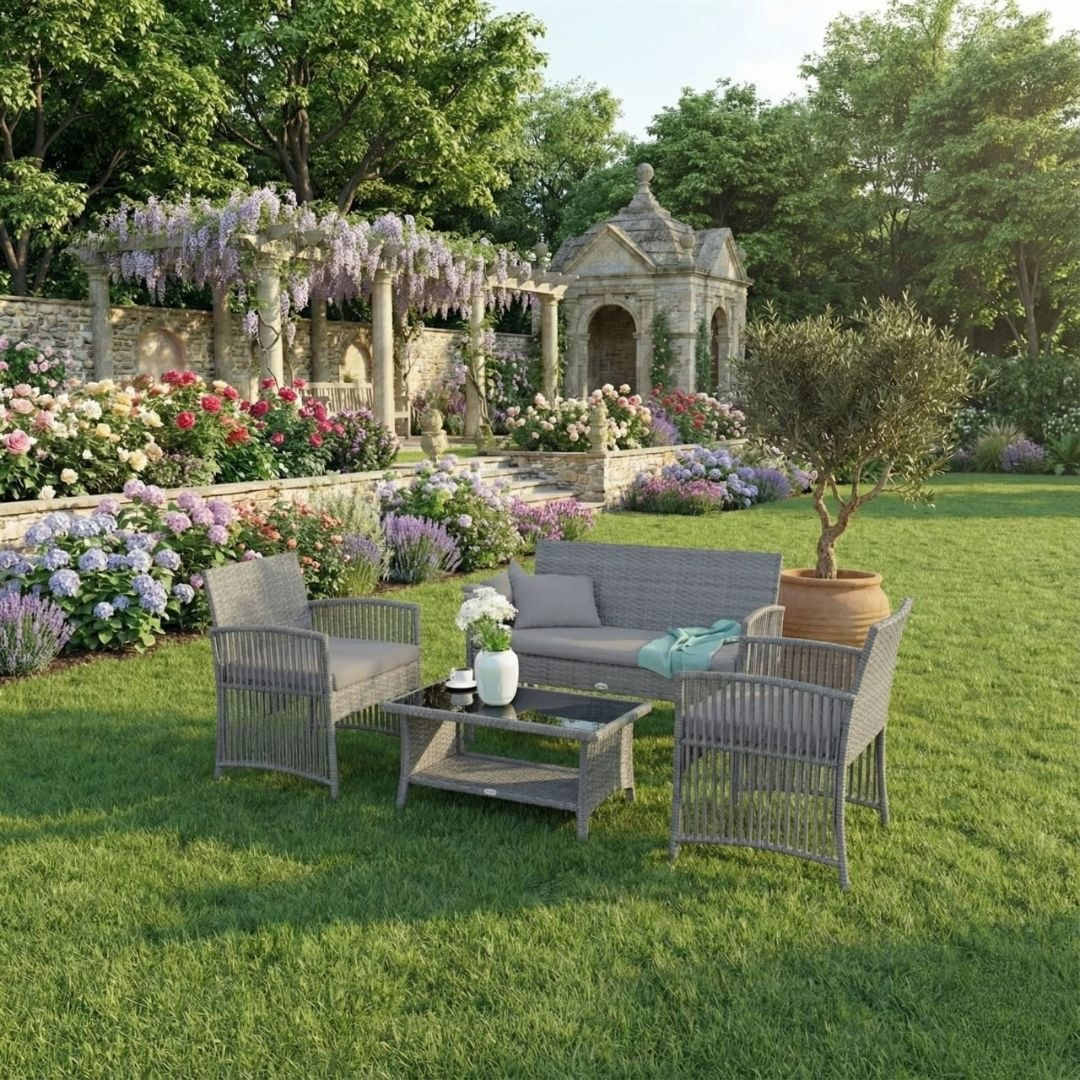 Set mobilier de gradina gri, Jumi, cu 2 fotolii, canapea si masuta de cafea — imaginea 9