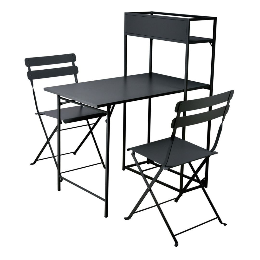 Set masa si 2 scaune pliabile cu etajera metalica, design compact, 100×60×140 cm, ideal pentru balcon sau bucatarie — imaginea 2
