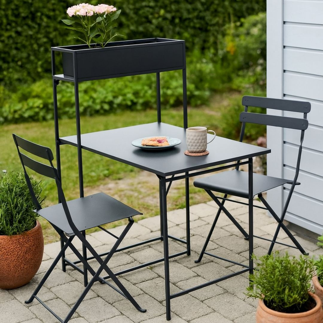 Set masa si 2 scaune pliabile cu etajera metalica, design compact, 100×60×140 cm, ideal pentru balcon sau bucatarie — imaginea 3
