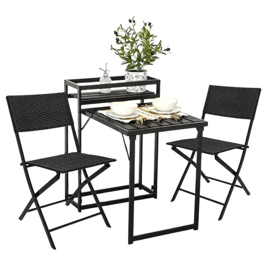 Set mobilier de terasa pliabil, Jumi, negru, 2 scaune si masa cu suport pentru flori — imaginea 7