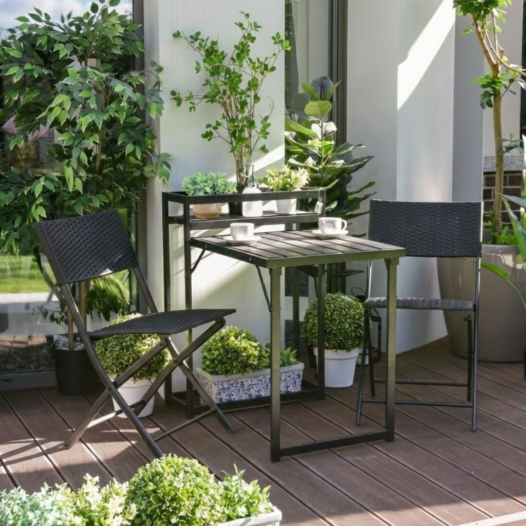 Set mobilier de terasa pliabil, Jumi, negru, 2 scaune si masa cu suport pentru flori — imaginea 8