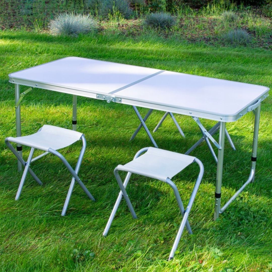 Set mobilier de camping pliabil, Jumi, alb, masa cu picioare reglabile si 4 tabureti — imaginea 3
