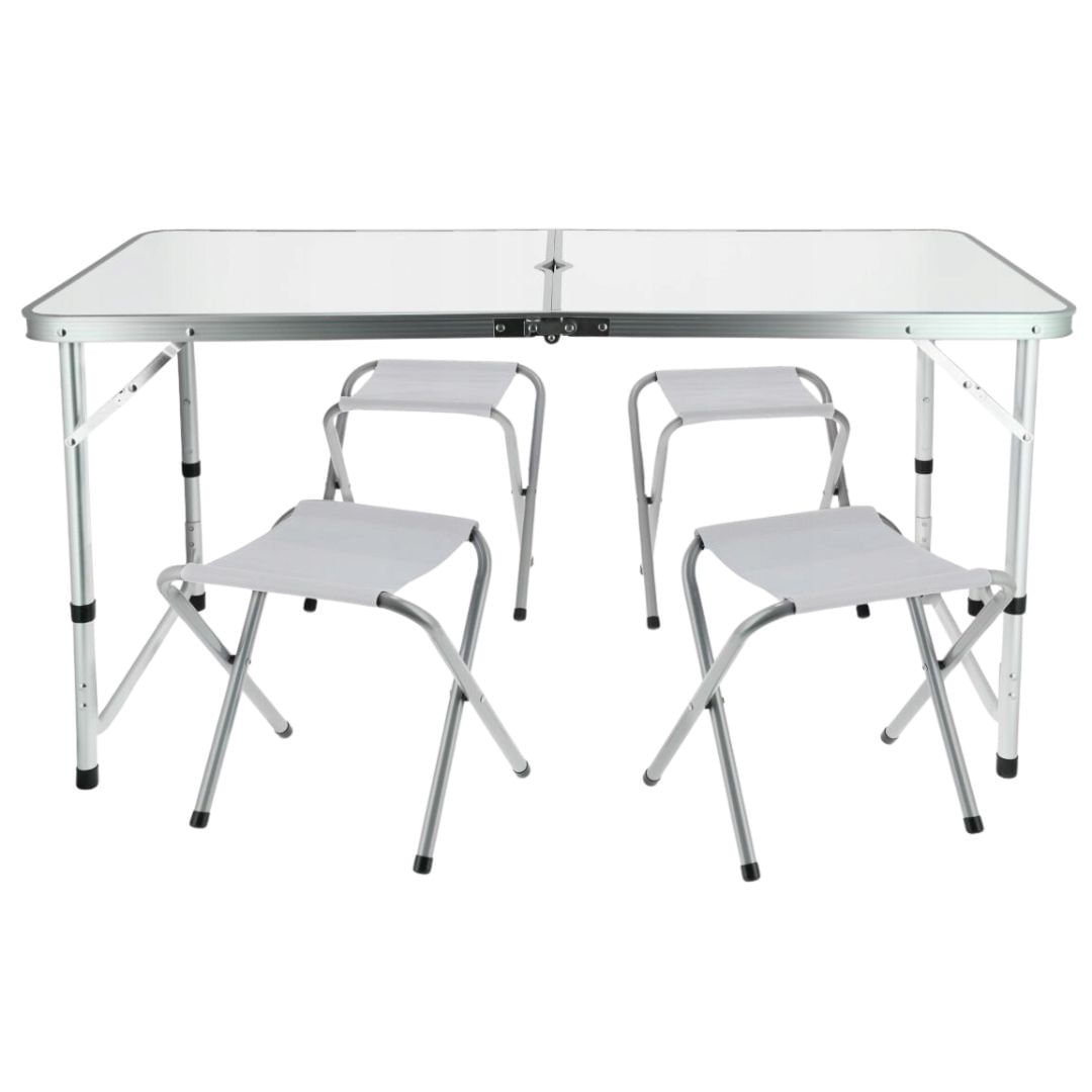 Set mobilier de camping pliabil, Jumi, alb, masa cu picioare reglabile si 4 tabureti — imaginea 6