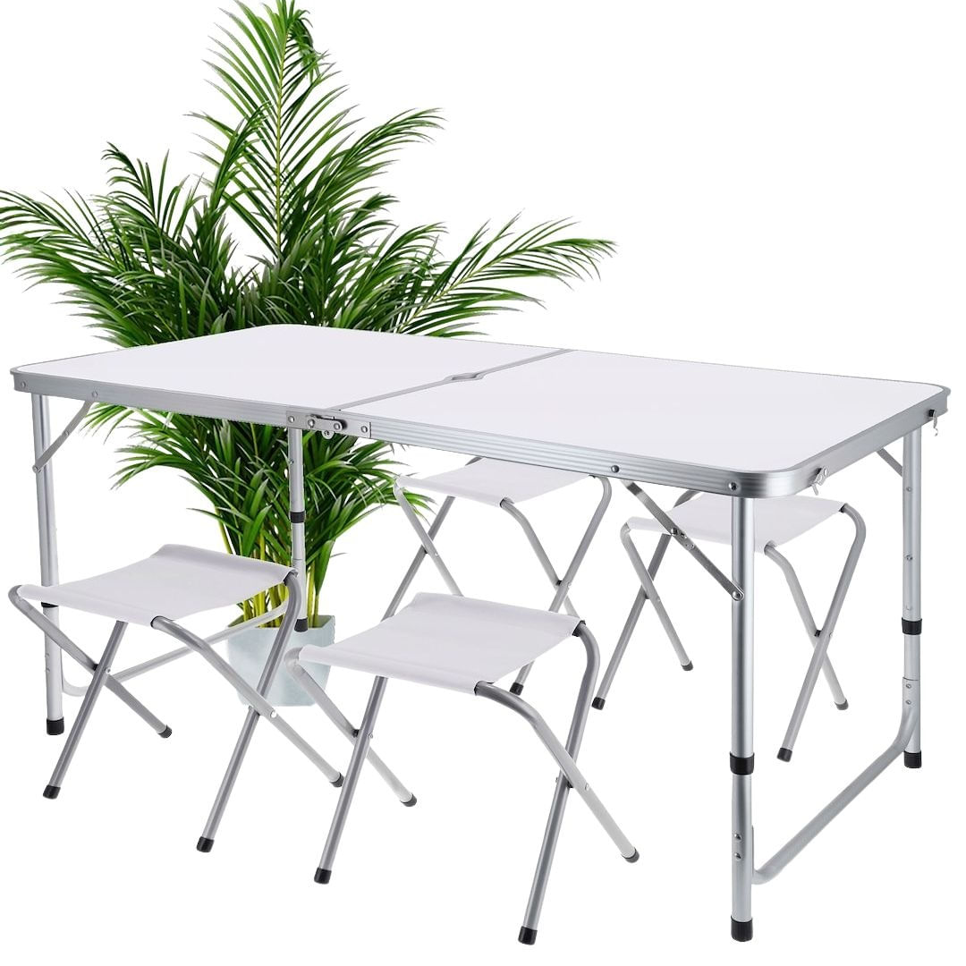 Set mobilier de camping pliabil, Jumi, alb, masa cu picioare reglabile si 4 tabureti — imaginea 7