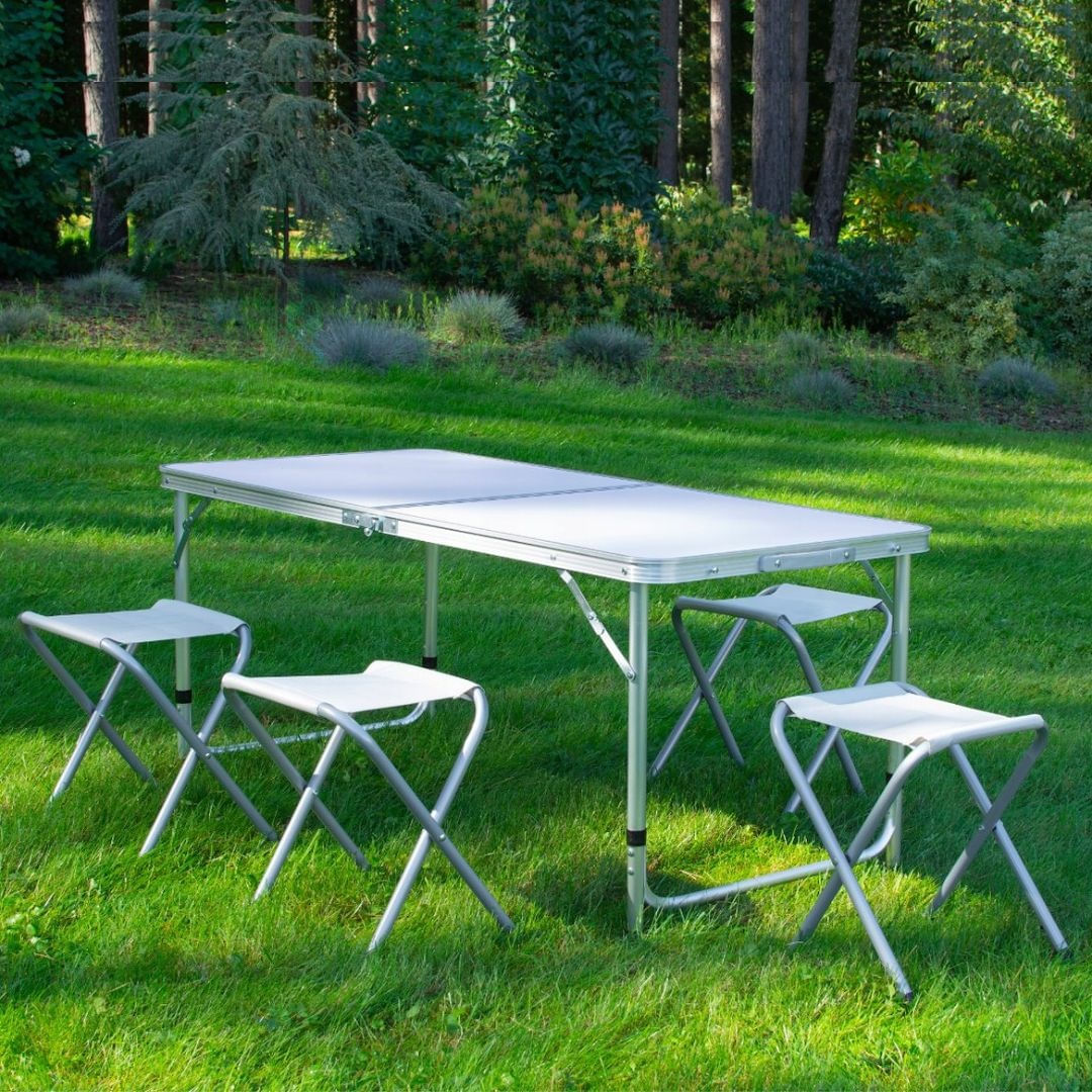 Set mobilier de camping pliabil, Jumi, alb, masa cu picioare reglabile si 4 tabureti — imaginea 8