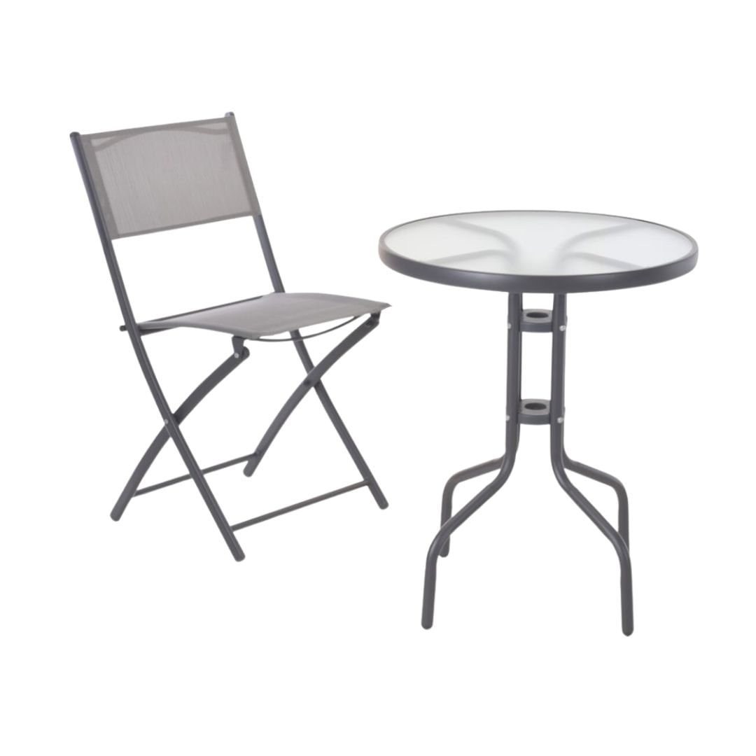 Set mobilier bistro pliabil cu masa rotunda si 2 scaune – cadru metalic si blat din sticla securizata, gri — imaginea 2