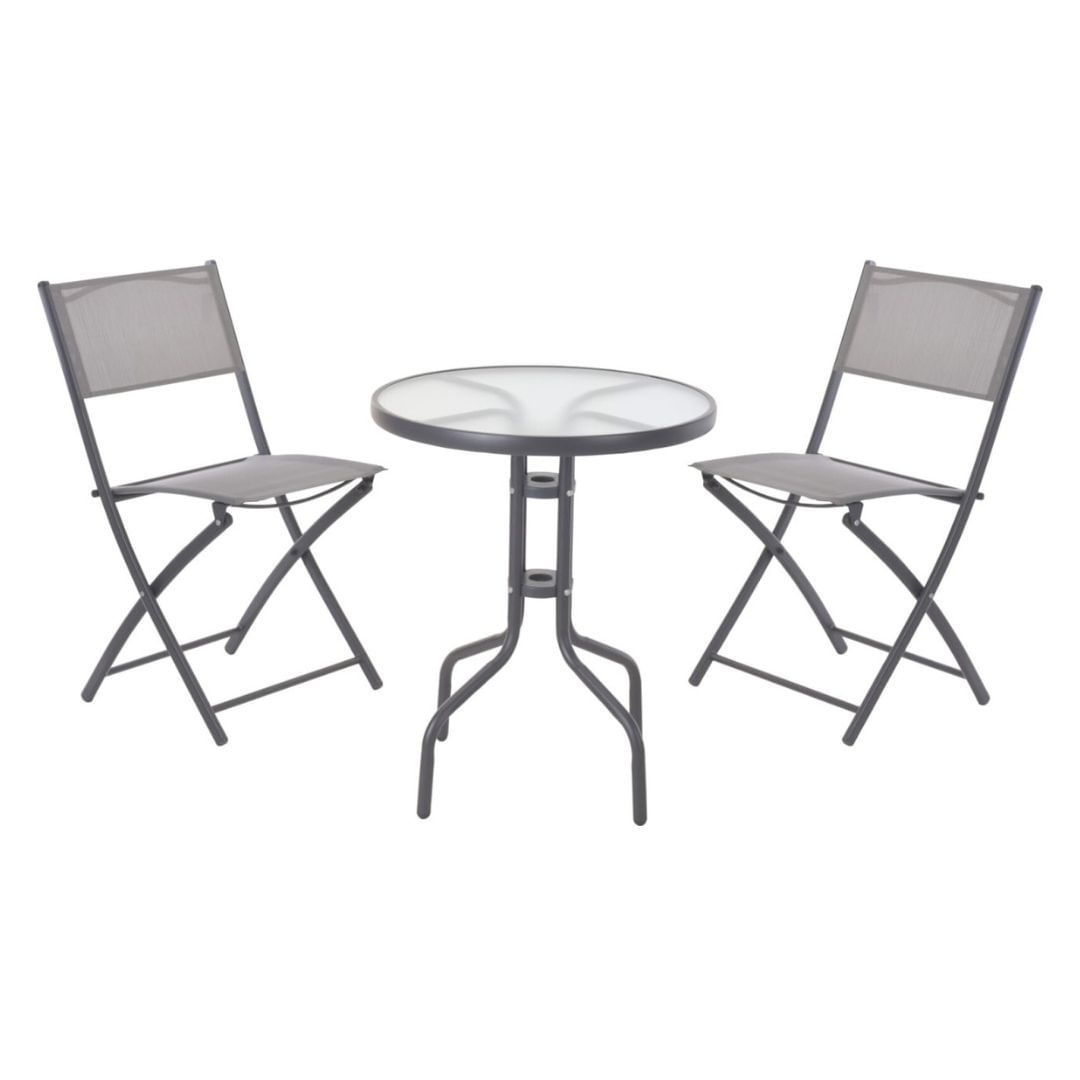 Set mobilier bistro pliabil cu masa rotunda si 2 scaune – cadru metalic si blat din sticla securizata, gri — imaginea 3