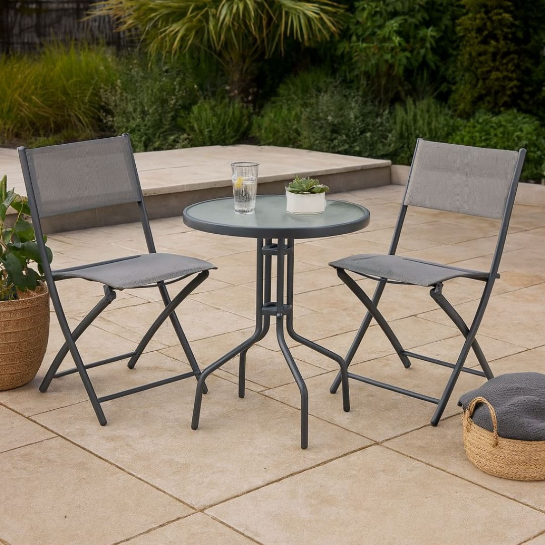 Set mobilier bistro pliabil cu masa rotunda si 2 scaune – cadru metalic si blat din sticla securizata, gri — imaginea 5