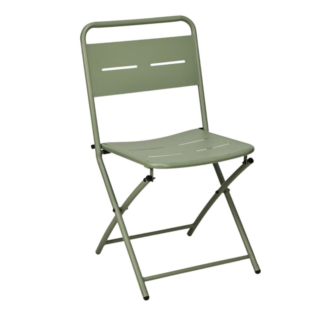Set mobilier pliabil pentru balcon, masa patrata 60×60 cm si 2 scaune metalice verzi, design modern, compact — imaginea 3