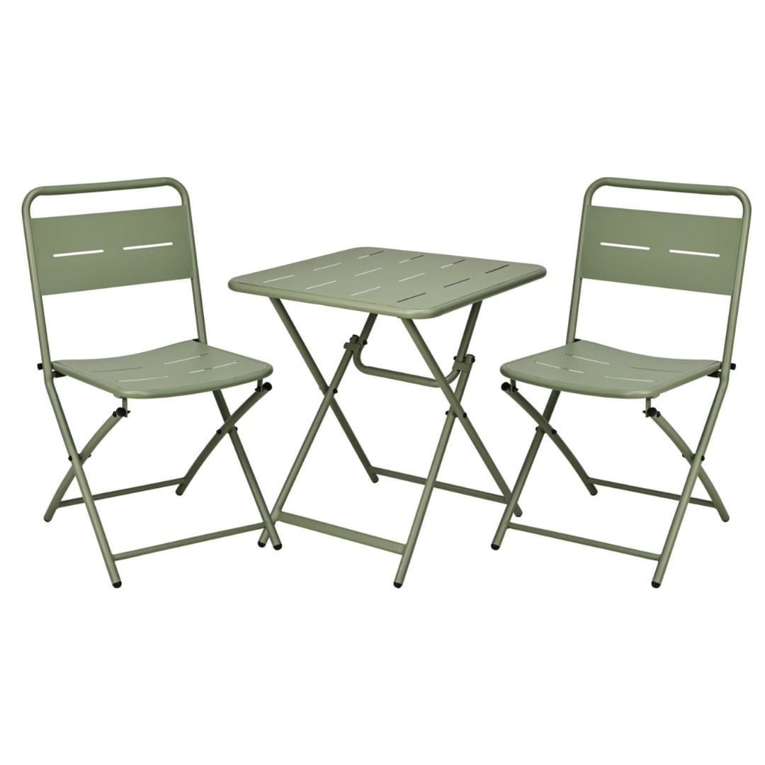 Set mobilier pliabil pentru balcon, masa patrata 60×60 cm si 2 scaune metalice verzi, design modern, compact — imaginea 4