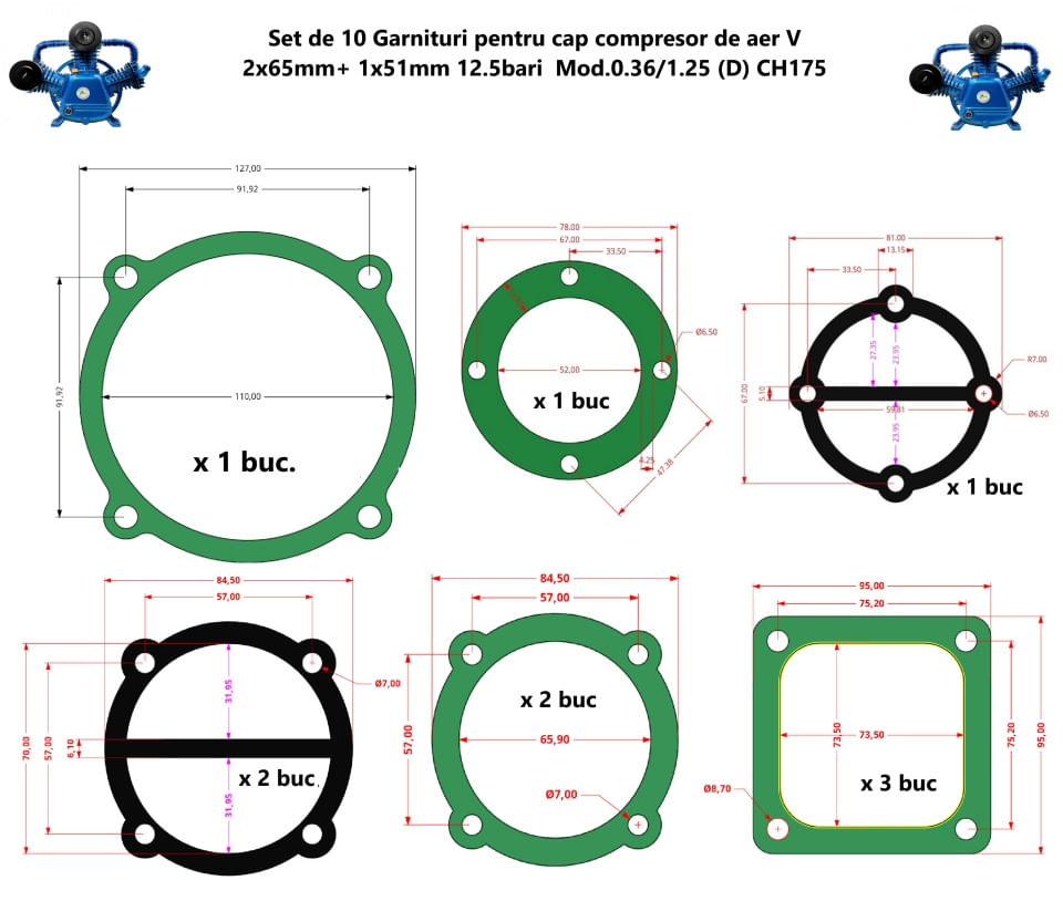 Set de 10 Garnituri pentru cap compresor de aer V 2x65mm+ 1x51mm 12.5bari Mod.0.36/1.25 (D) CH175 — imaginea 5