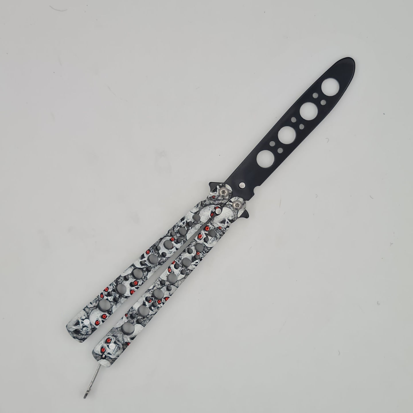 Cutit fluture Butterfly, Balisong 22 cm, cranii m2, alb, fara tais, de antrenament, model cercuri - imagine 2