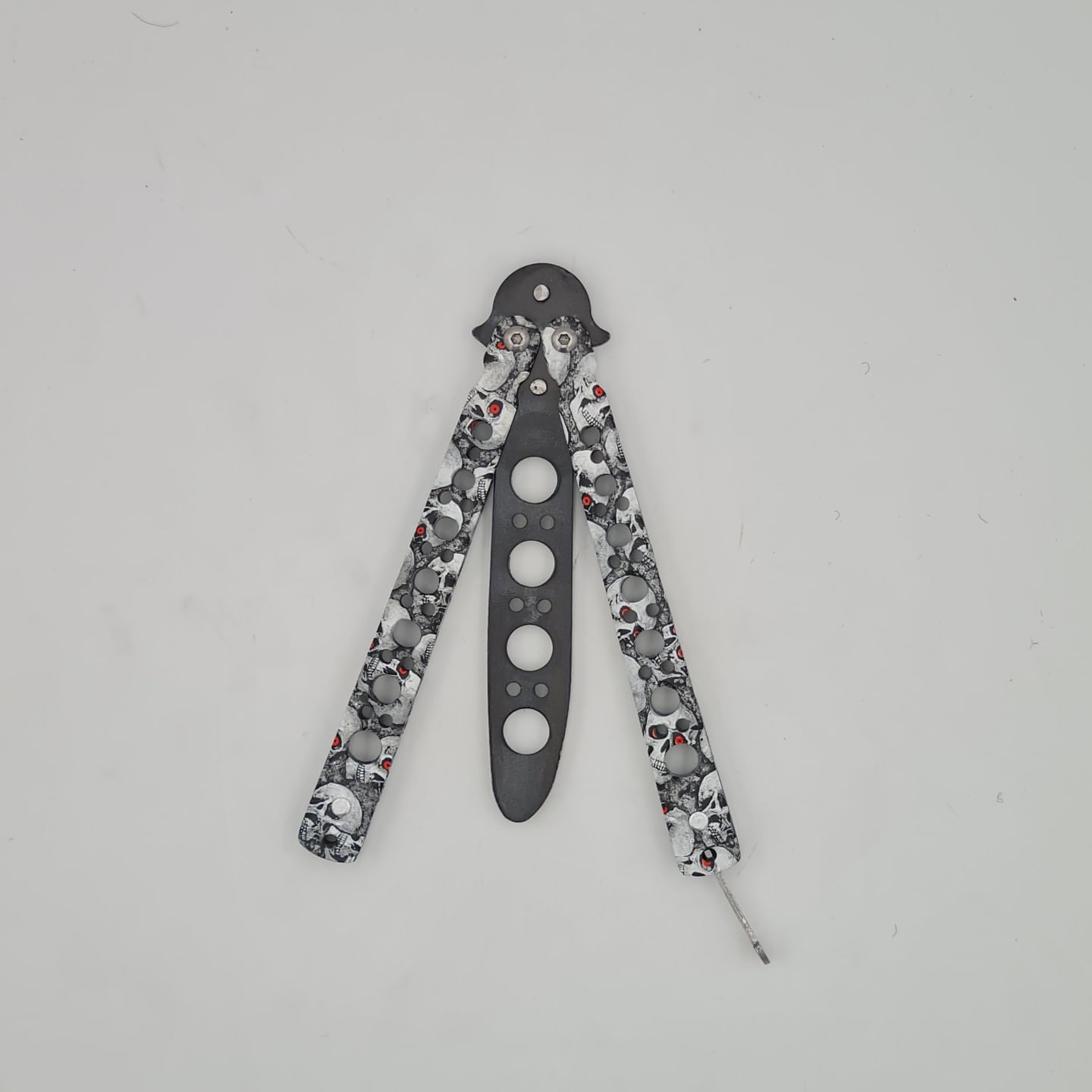 Cutit fluture Butterfly, Balisong 22 cm, cranii m2, alb, fara tais, de antrenament, model cercuri - imagine 4