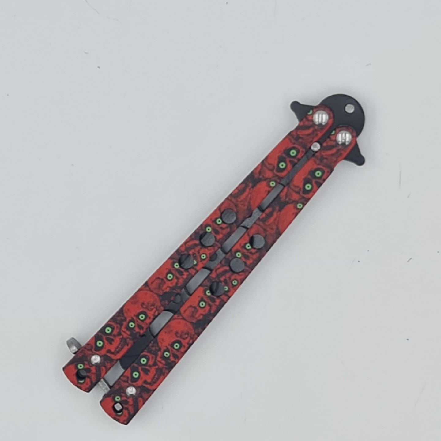 Cutit fluture Butterfly, Balisong 21.50cm, cap de mort rosu M2, fara tais, de antrenament - imagine 4