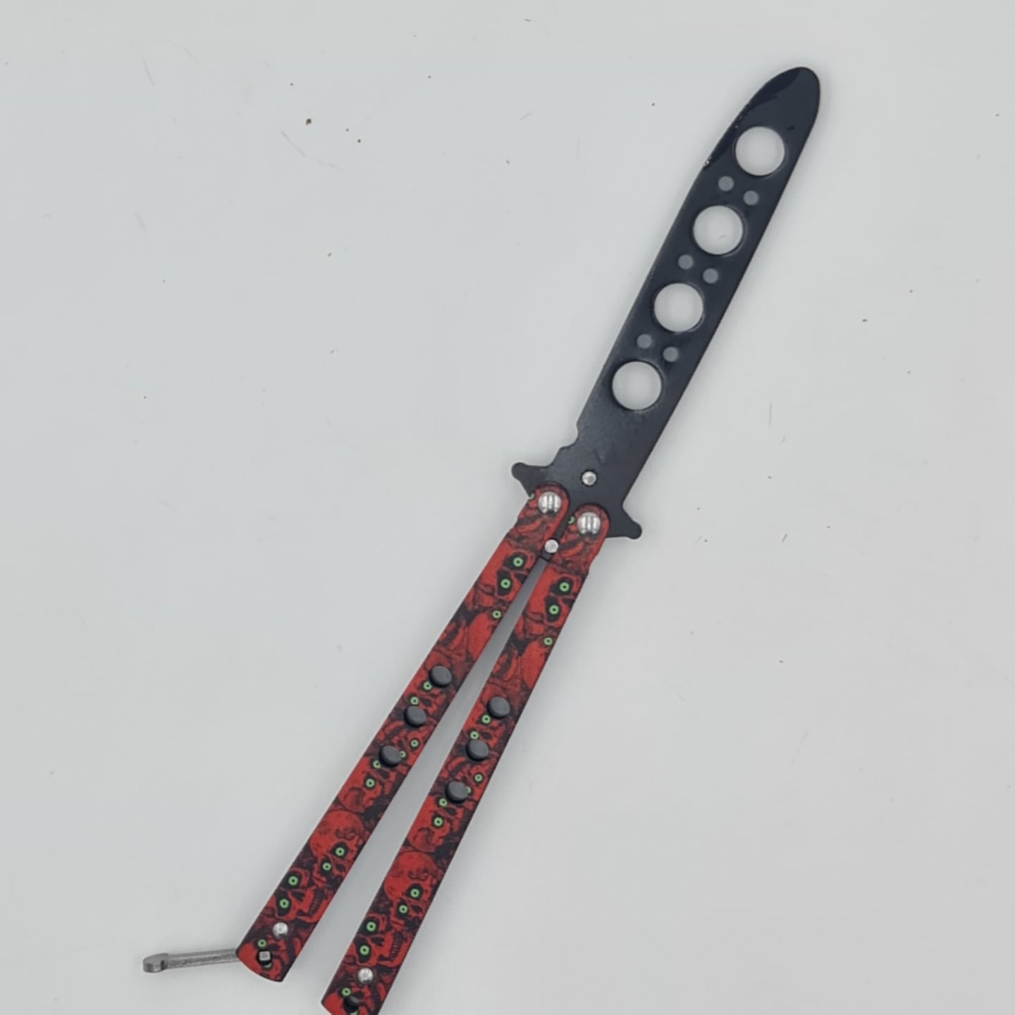 Cutit fluture Butterfly, Balisong 21.50cm, cap de mort rosu M2, fara tais, de antrenament - imagine 5