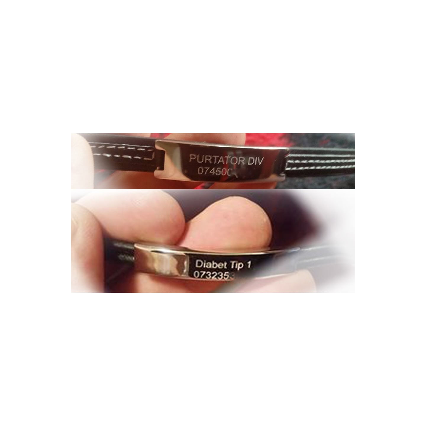 Bratara neagra medicinala cu placuta metalica gravata cu denumirea afectiunii si numarul de telefon.