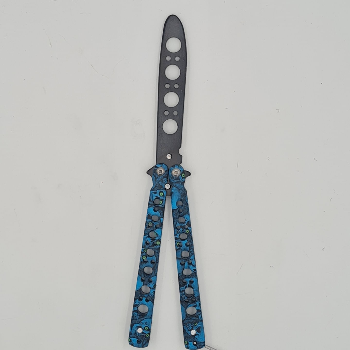 Cutit fluture Butterfly, Balisong 22 cm, cranii m2, albastru, fara tais, de antrenament, model cercuri - imagine 2