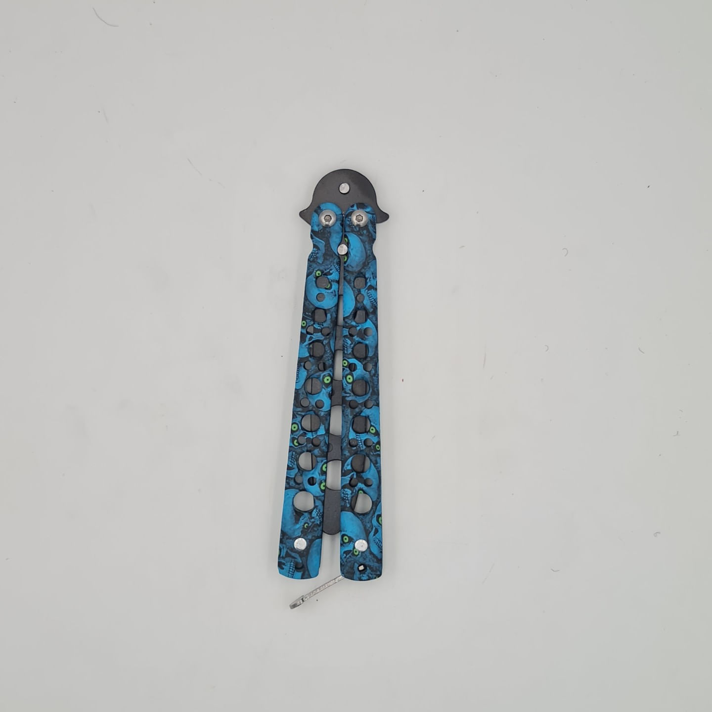 Cutit fluture Butterfly, Balisong 22 cm, cranii m2, albastru, fara tais, de antrenament, model cercuri - imagine 3