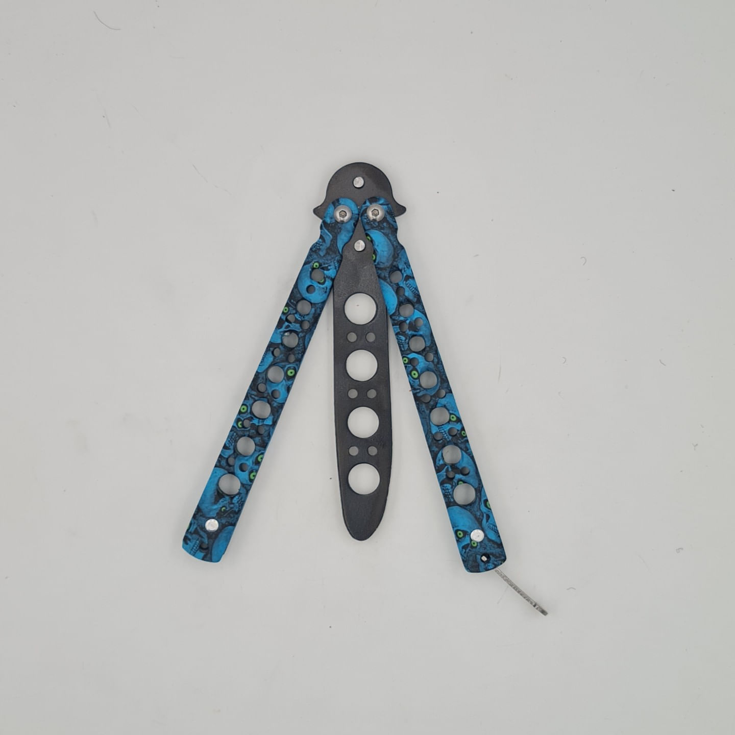 Cutit fluture Butterfly, Balisong 22 cm, cranii m2, albastru, fara tais, de antrenament, model cercuri - imagine 4