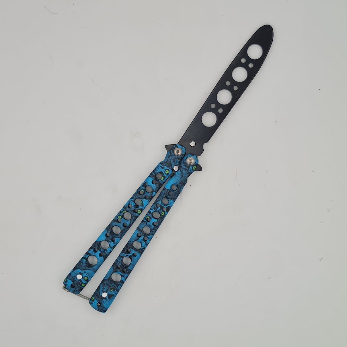 Cutit fluture Butterfly, Balisong 22 cm, cranii m2, albastru, fara tais, de antrenament, model cercuri - imagine 6