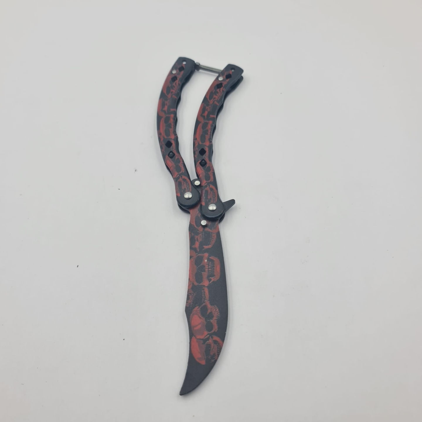 Cutit Fluture Fara Tais Pentru Antrenament, Model Cap de Mort Rosu, Curbat, 24 cm - imagine 3