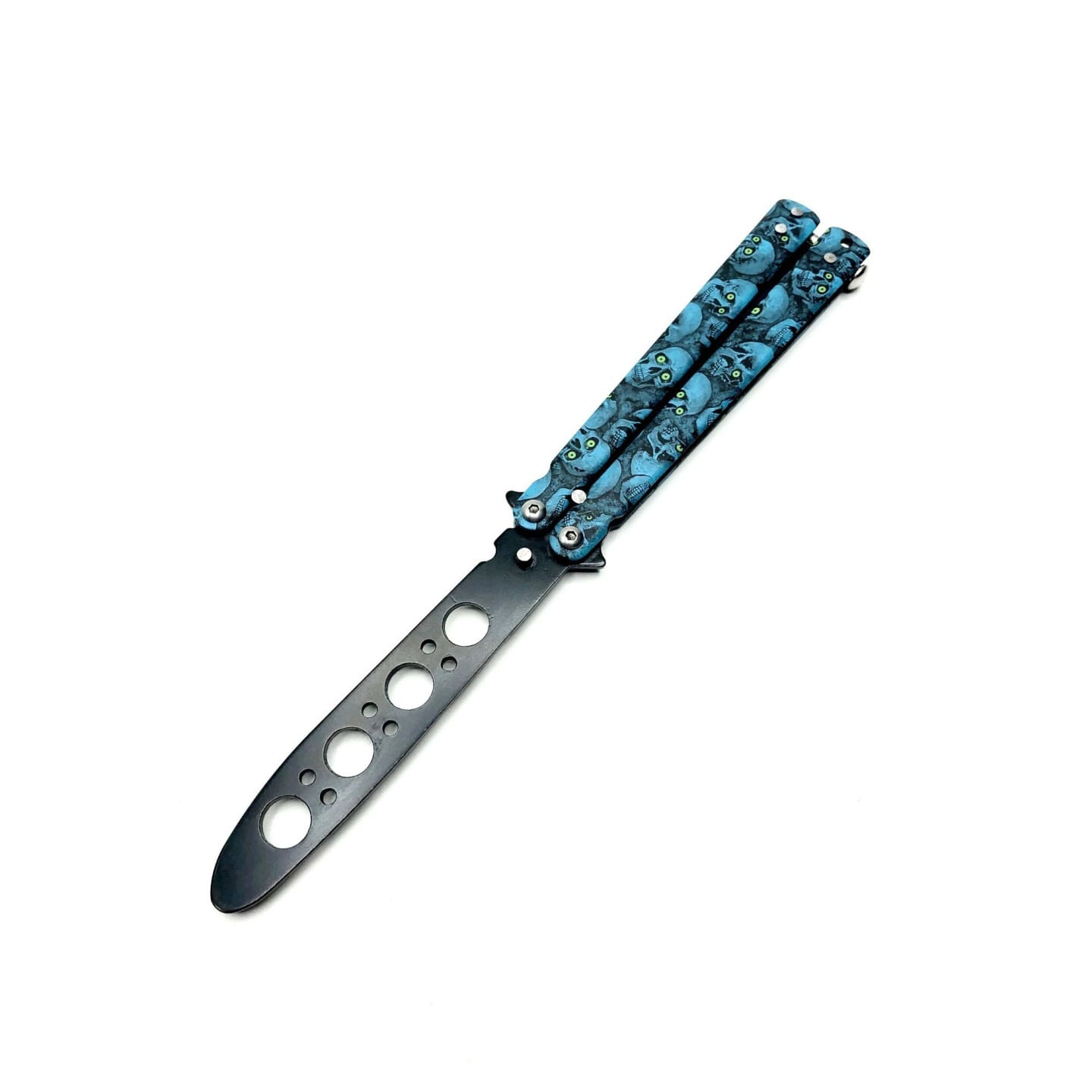Cutit fluture Butterfly, Balisong 22 cm, albastru, cranii, fara tais, de antrenament - imagine 2