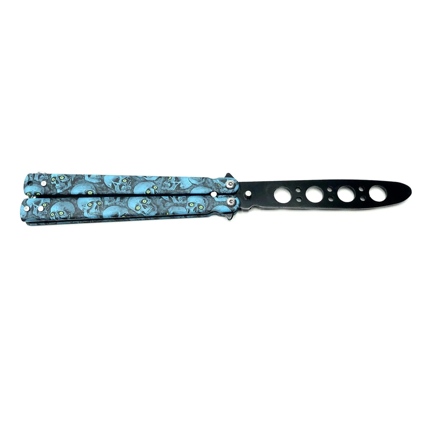 Cutit fluture Butterfly, Balisong 22 cm, albastru, cranii, fara tais, de antrenament - imagine 4