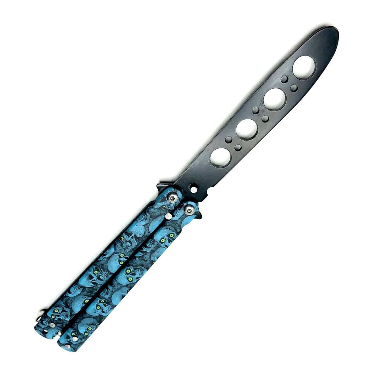 Cutit fluture Butterfly, Balisong 22 cm, albastru, cranii, fara tais, de antrenament - imagine 5
