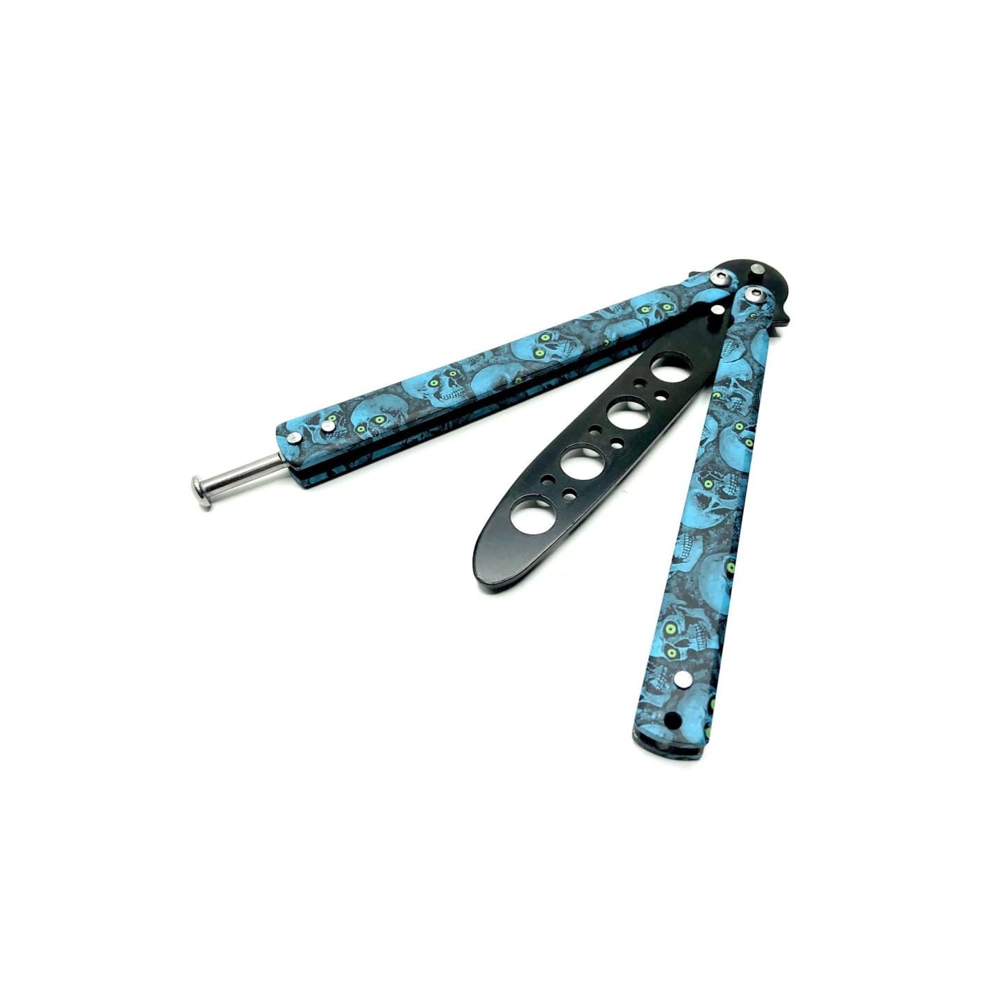 Cutit fluture Butterfly, Balisong 22 cm, albastru, cranii, fara tais, de antrenament - imagine 6