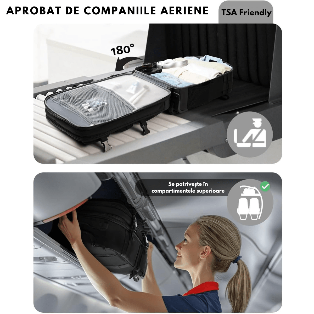 Rucsac Troler 2in1, VisionHub®,Bagaj mana cu roti,Poliester900D Impermeabil,Capacitate 37L,Laptop 17.3”Negru Militar
