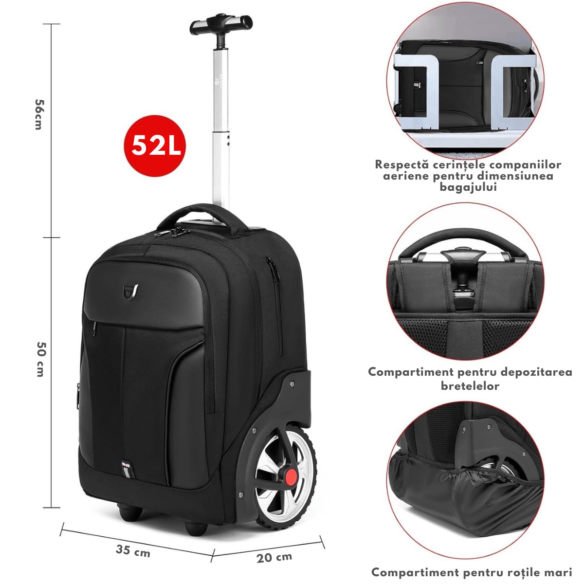 Rucsac Troler Multifunctional, Rotile 2in1, Ghiozdan Capacitate Mare–52L, Impermeabil, Calatorii,Buzunar Antifurt-NEGRU