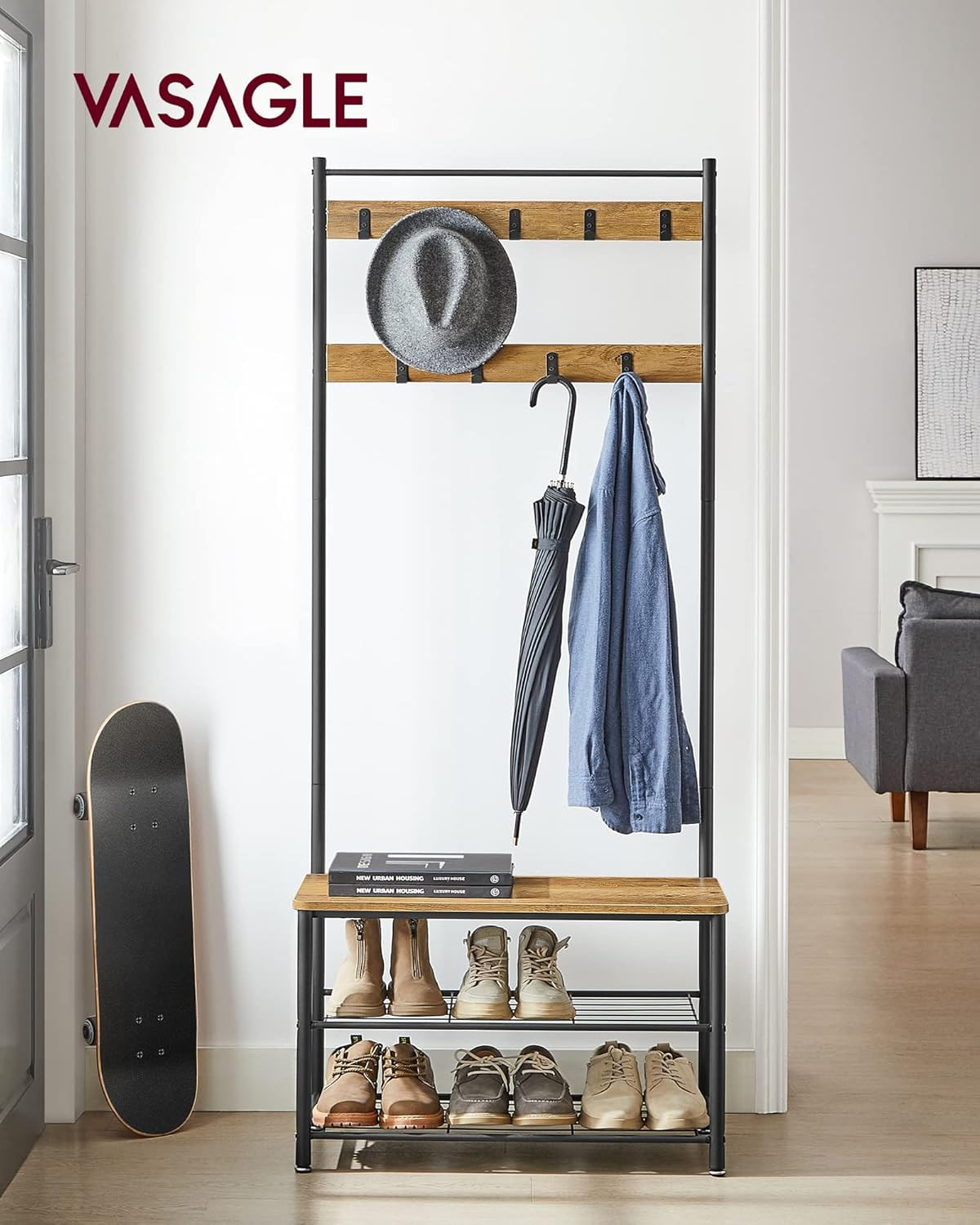 Cuier hol 3 in 1 cu banca si raft pantofi, cadru metalic si PAL, 70x32x177 cm, maro nuc si negru — imaginea 6