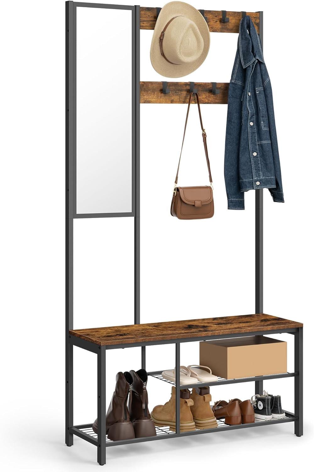 Cuier pentru hol cu oglinda si 9 carlige detasabile, structura metalica, stil industrial, 98x36x185 cm, maro rustic — imaginea 2