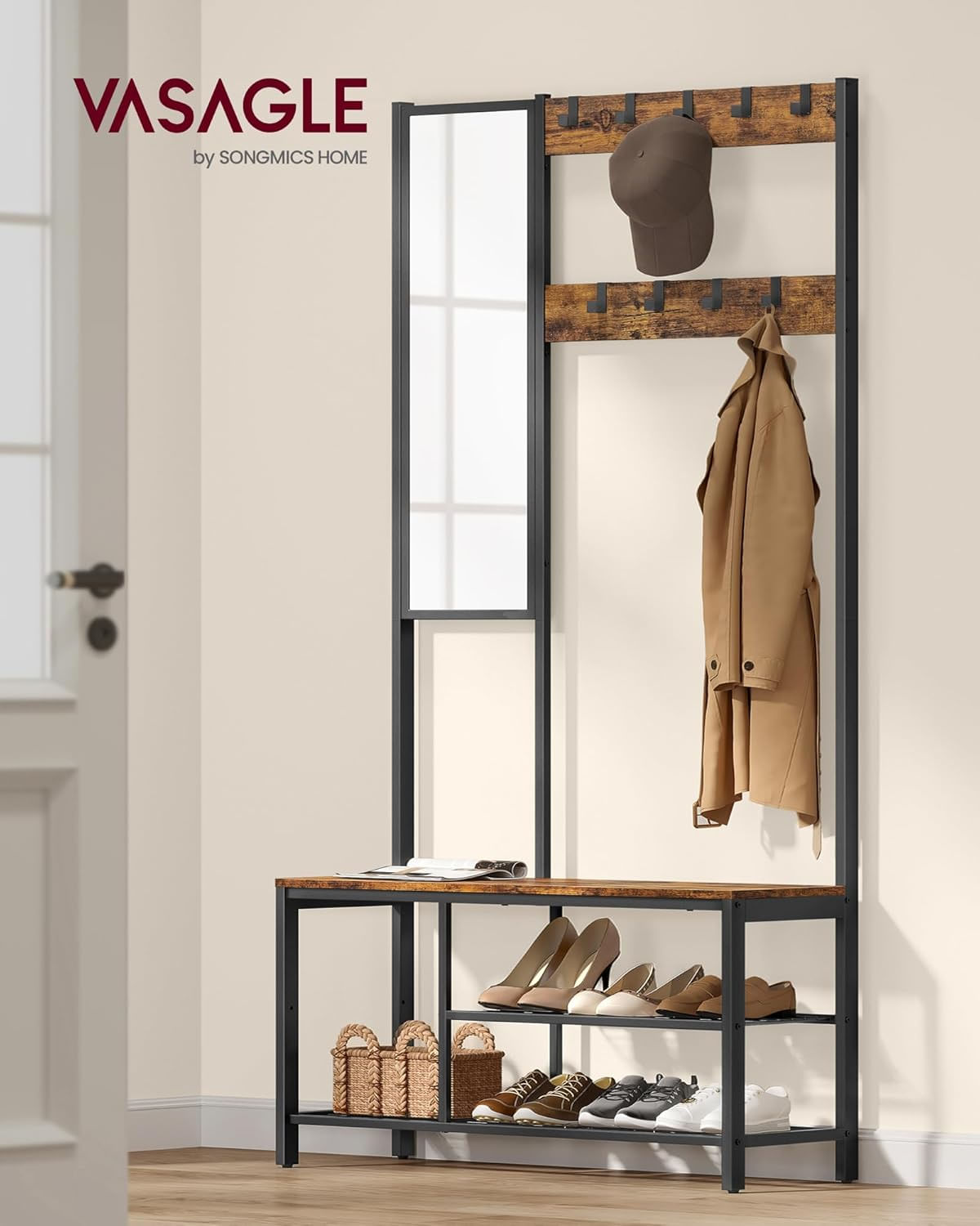 Cuier pentru hol cu oglinda si 9 carlige detasabile, structura metalica, stil industrial, 98x36x185 cm, maro rustic — imaginea 3