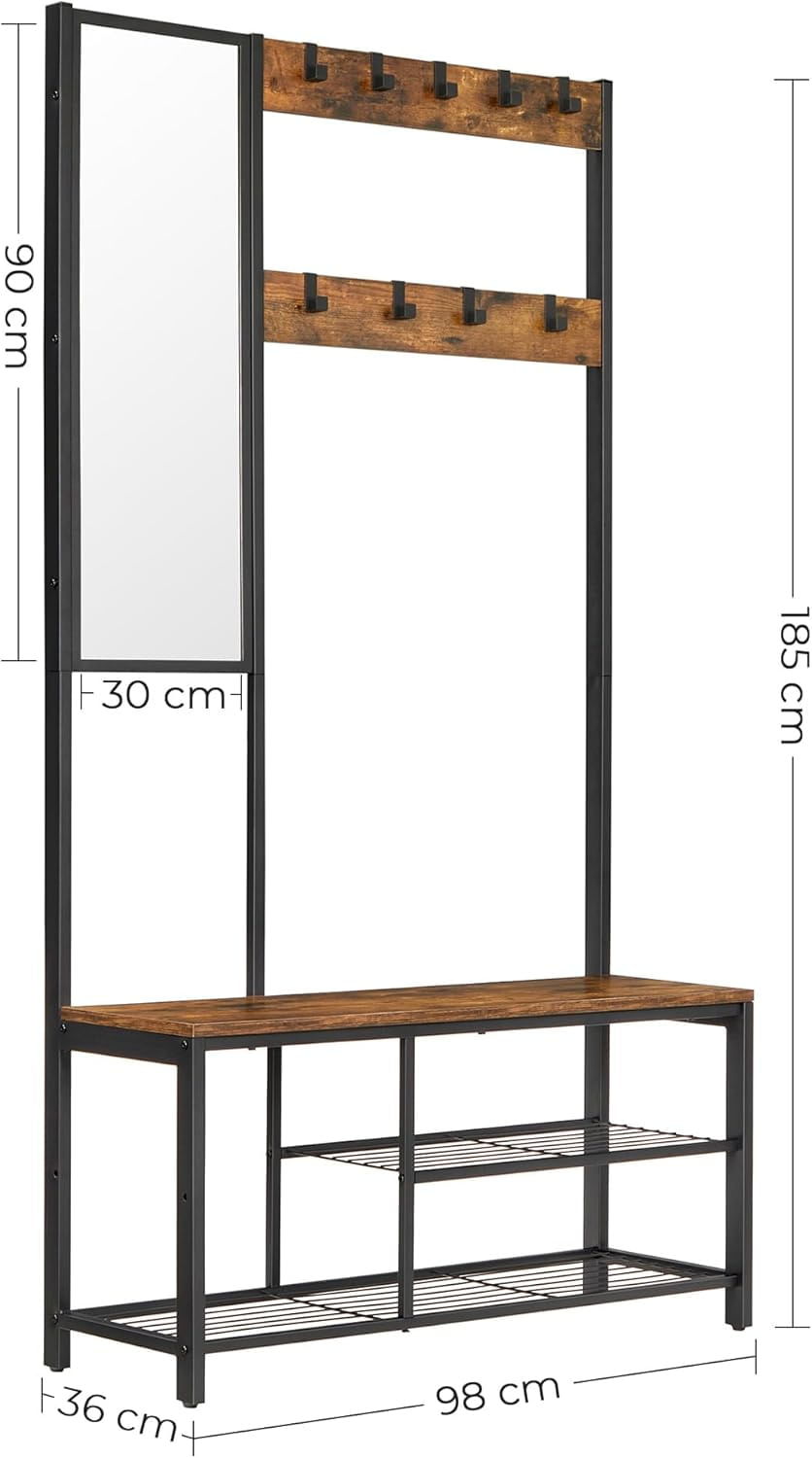 Cuier pentru hol cu oglinda si 9 carlige detasabile, structura metalica, stil industrial, 98x36x185 cm, maro rustic — imaginea 4